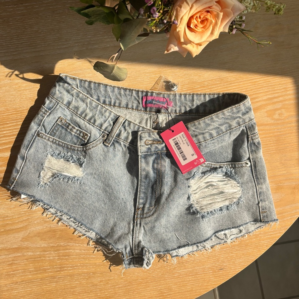 Edikted Light Blue Distressed Jean Shorts